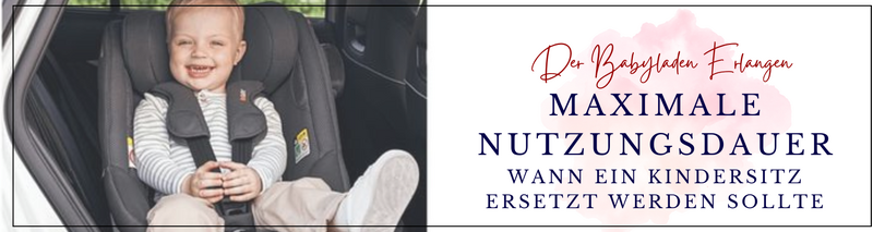 Ein Kind sitzt gesichert im Kindersitz im Auto. Das Bild begleitet unseren Ratgeber zur Haltbarkeit und Nutzungsdauer von Kindersitzen – von Babyschale über Reboarder bis Folgesitz – inklusive Hinweise zu Materialalterung, Herstellerangaben und Austausch nach Unfall. Babyladen Erlangen, Schenkstraße 63, 91052 Erlangen.