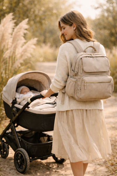 Mutter mit Kinderwagen im Sonnenlicht1