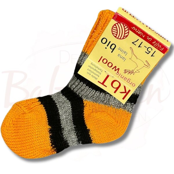 Hirsch Kinder Ringelsocke aus 100% Bio-Schafschurwolle (kbT) orange/grau/schwarz  Gr. 18-20