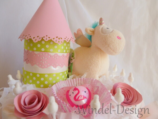 Babyparty Geburt oder Taufe auf Wunsch mit Grußkärtchen Windeltorte Windelwiege für Mädchen in rosa Geschenk 
