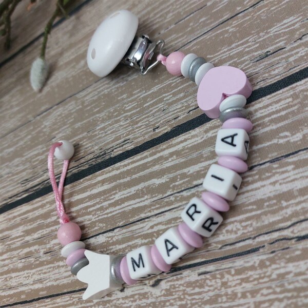 Moderne Schnullerkette mit Namen Mädchen große Perlen & Häkelperle Mint Rosa 