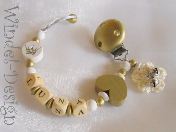 Schnullerkette mit Namen - gold mit Häkelblume