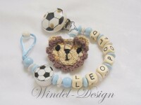 Schnullerkette Fußball weiß- hellblau Löwe für Jungen