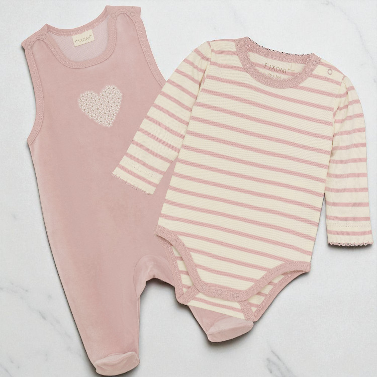 FIXONI Nicki-Strampler Set „Herzchen“ Rosa – mit Langarmbody | Babyladen Erlangen
