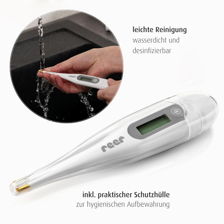 ExpressTemp digitales Express Fieberthermometer mit weisser Kunststoffhuelle grossem LCD Display und flexibler vergoldeter Messspitze schnelle Messzeit etwa 10 Sekunden geeignet fuer Babys Kleinkinder Allergiker akustischer Fieberalarm wasserdicht inklusive Schutzhuelle erhaeltlich beim Babyladen Erlangen im Fachgeschaeft und im Onlineshop unter https://www.babyladen-erlangen.de/expresstemp-digitales-express-fieberthermometer